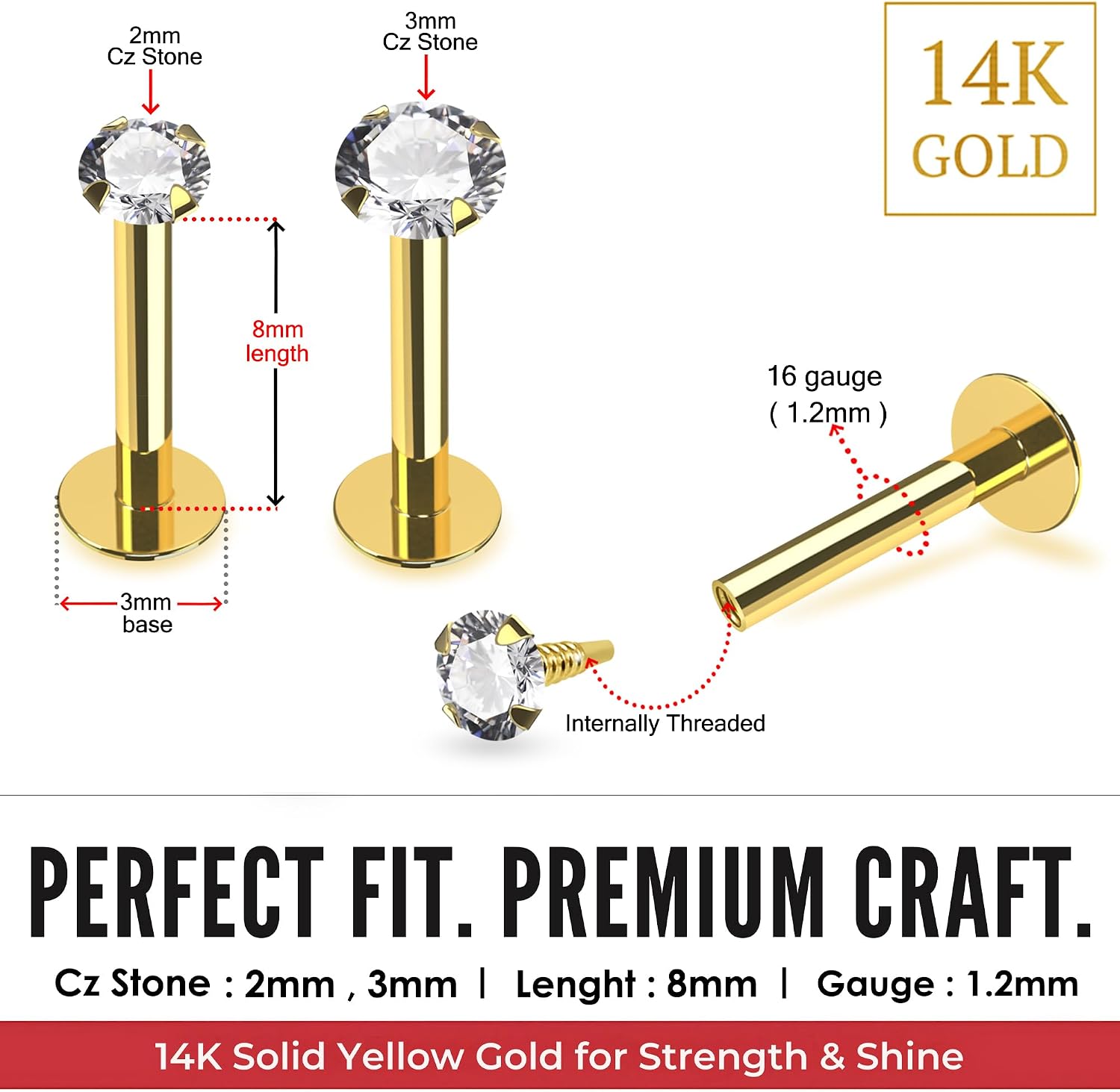 14K Solid Yellow Gold Round Cz Stones Internally Threaded Top 16 Gauge Tragus Labret Bar Piercing - Helix Stud - Lip Piercing Body Jewelry