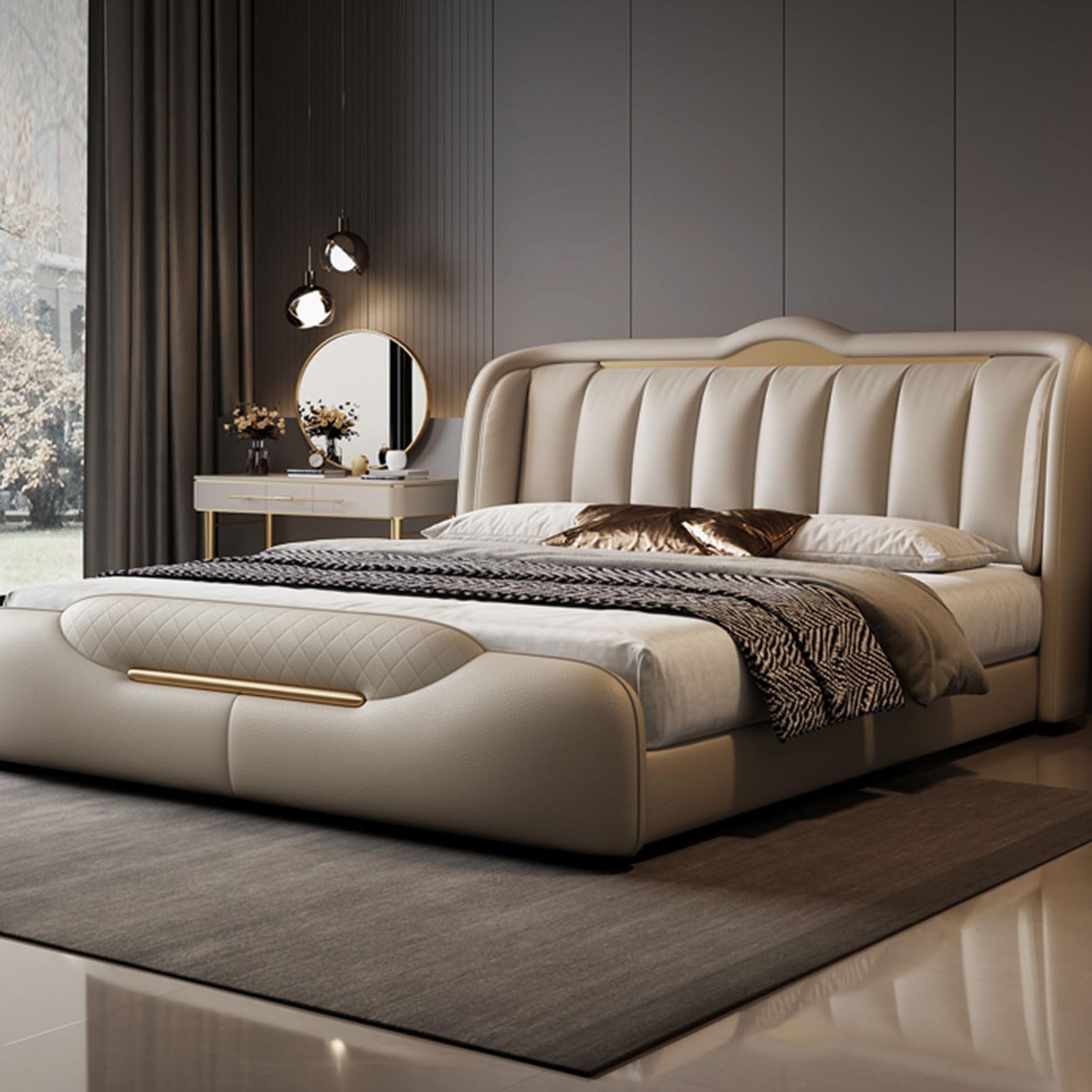 King Size Genuine Leather Bed Set Upholstered Platform Bed Frame with Wingback Headboard and Storage Drawers Strong Wooden