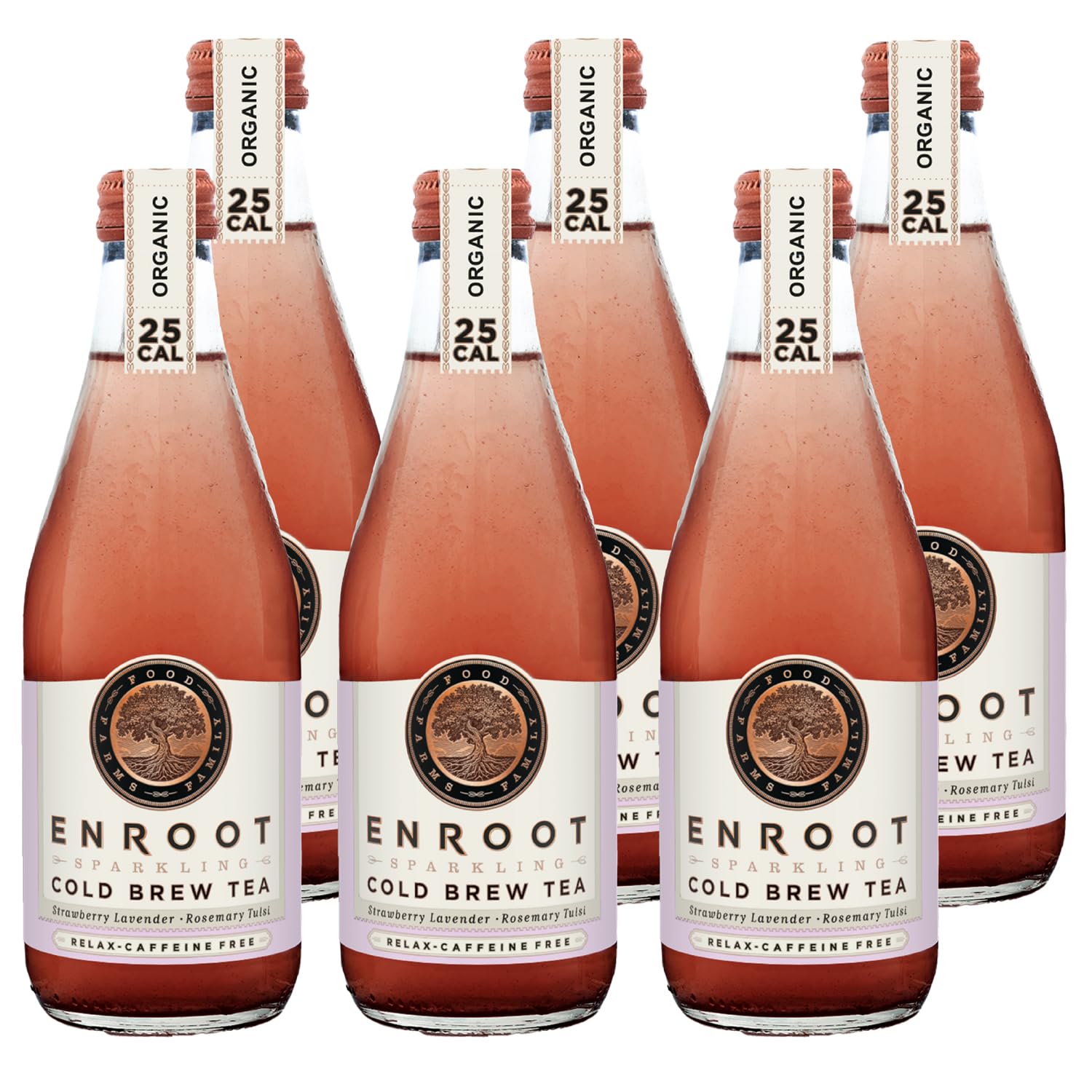 Enroot - Sparkling Cold Brew Tea - 25 Calories - 0 Added Sugar - Organic - Nootropic - Vegan & Gluten-Free - Adaptogen - Kosher - Non-Alcoholic Beverage - Strawberry Lavender Tulsi - 12 oz/6 Pk