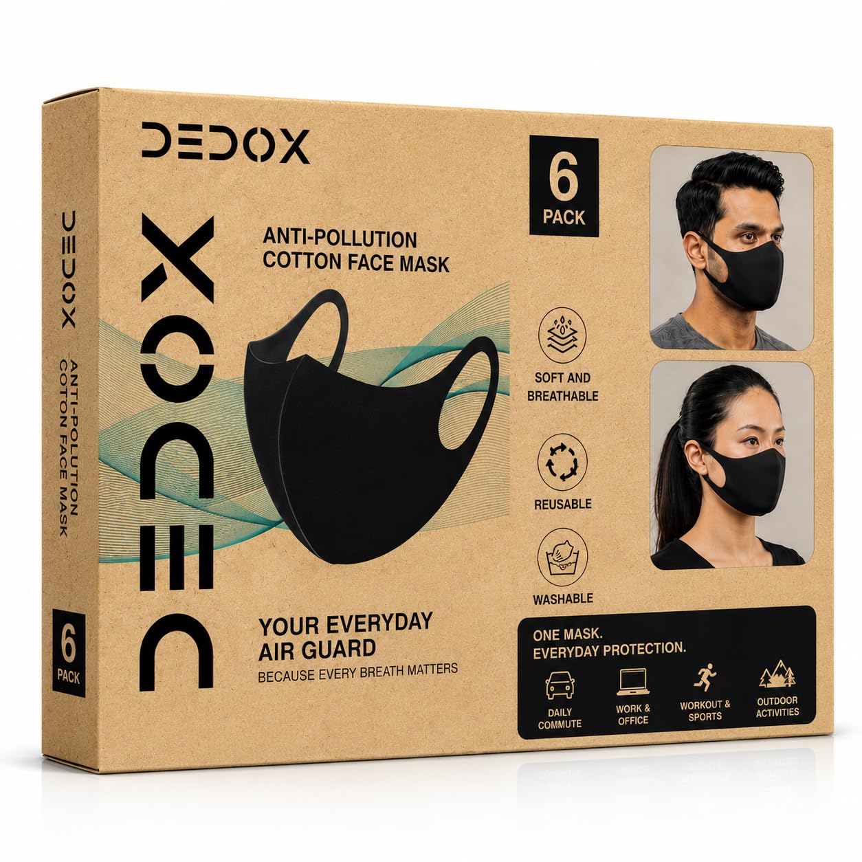 Face Mask | Unisex Adult Mask | Reusable Soft Cotton Oxford Fabric | Breathable & Washable | Lightweight Comfortable Fit | Anti Pollution Dust & Travel Outdoor Mask - Black Pack of 6-image-23