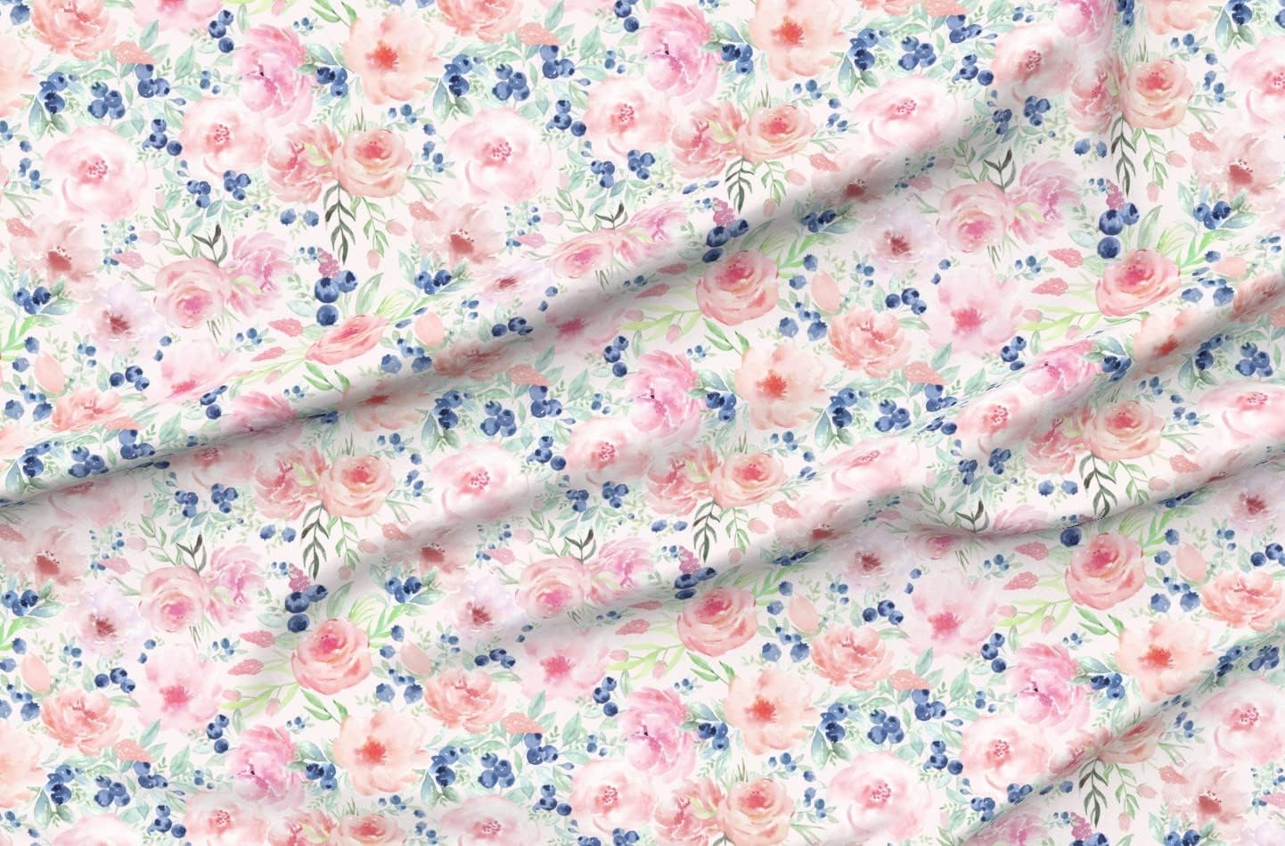 Spoonflower Fabric - Pink Rose Blush Florals Blueberries Spring Flowers Roses Shabby Chic Printed on Organic Cotton Sateen Fabric by The Yard - Sewing Quilting Apparel Home Decor