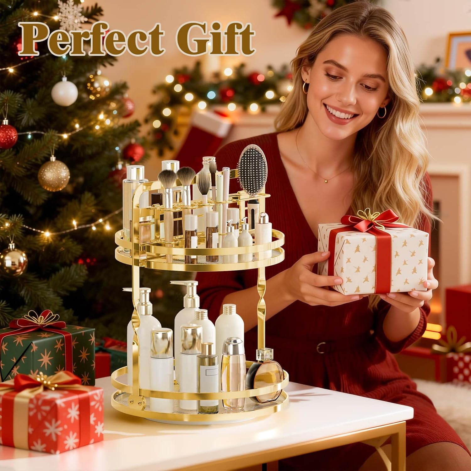 360 Rotating Makeup Organizer Vanity, Gold Perfume Organizer for Dresser, 2 Tier Bathroom Organizer Countertop,Spinning Cosmetic Display Lazy Susan for Women,Skincare Storage with Brush Holder