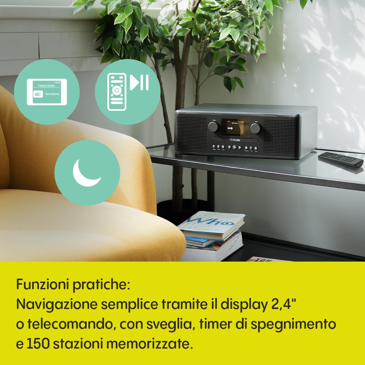 Pure Classic C-D6i Radio Internet All-in-One WiFi DAB+/FM Bluetooth 5.3 Lettore CD USB AUX Audio Stereo 2x15W Display Colori Sveglia Sleep Timer Nero