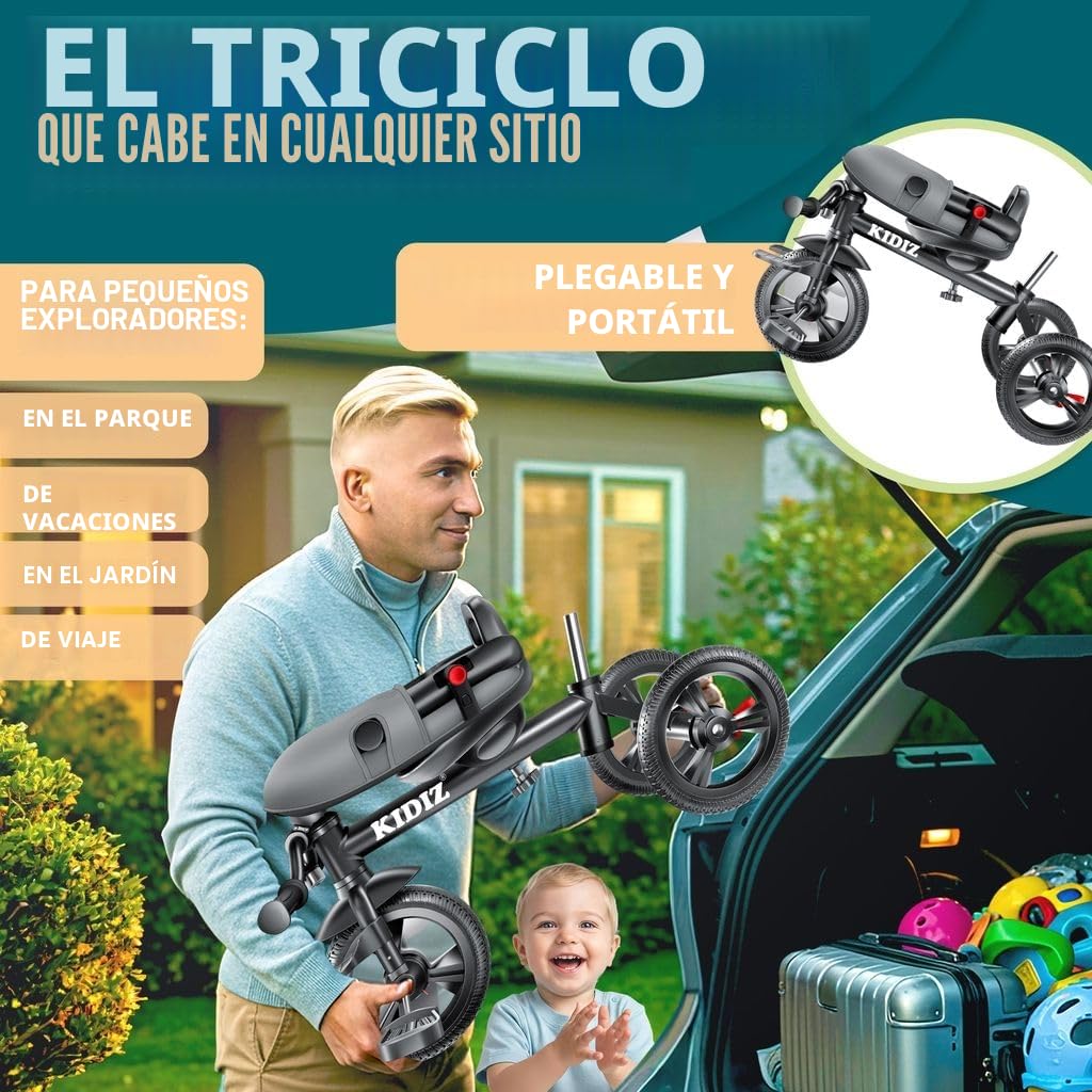KIDIZ® Triciclo 5 en 1 para niños con barra de empuje sistema de dirección, barra para niños de 1 año, funciona en ambos sentidos: adelante e inverso, bolsa, cesta, soporte de la bebida