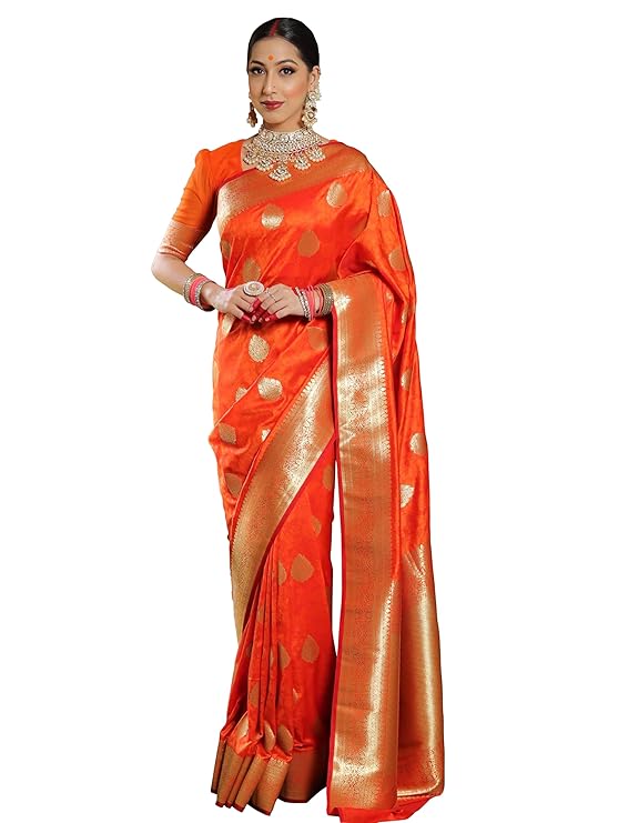 Sugathari Women’s Banarasi Saree Pure Kanjivaram Silk Saree Soft new ladies 2025 Design Wear Pattu Sarees Latest Sadi Party Sari collections With Blouse Piece (San Pari-224) – Orange