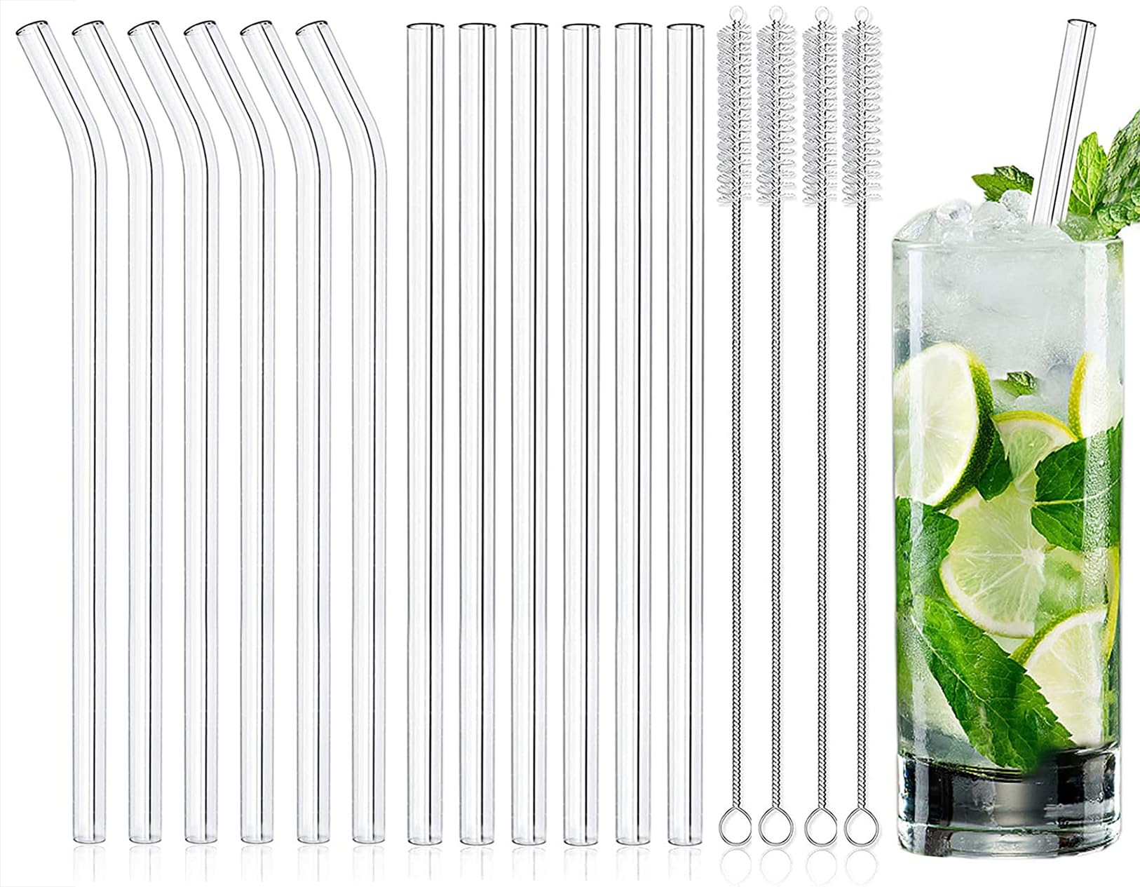 JOYZYAIYY Glass Straws, 16pcs Set, 6 Curved & 6 Straight, Break Resistant, Reusable, Heat Resistant, BPA Free