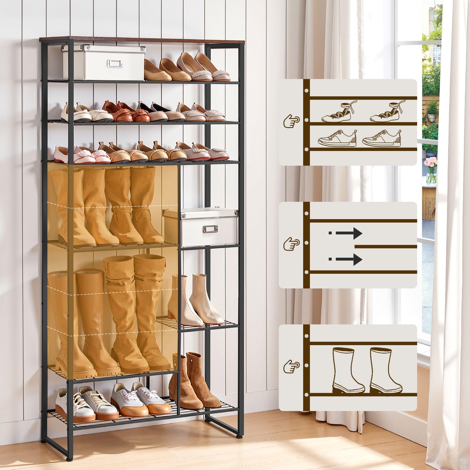HOOBRO Schuhregal mit 10 Ebenen, Schuhablage für 27-30 Paare, industrielles Schuhregal mit unterschiedlichem Abstand, abnehmbares Gitter, für Eingänge, Flure, rustikales Braun und Schwarz EBF172XJ01