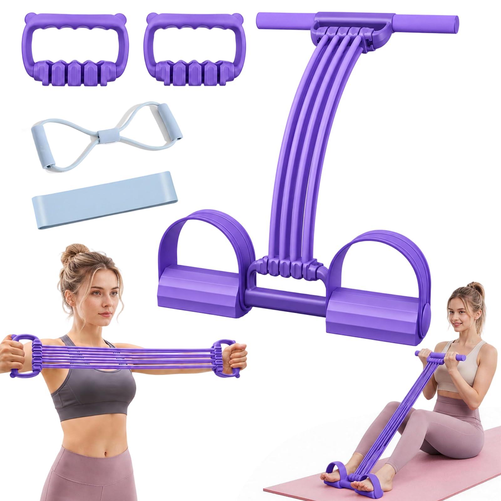 3-in-1 Pedal Resistance Band with Handle, 8 Tube Adjustable Foot Pedal Resistance Bands, Abdominal Trainer Resistance Band, Sit Up Exercise Equipment for Home Abdomen/Arm/Leg Use, Detachable