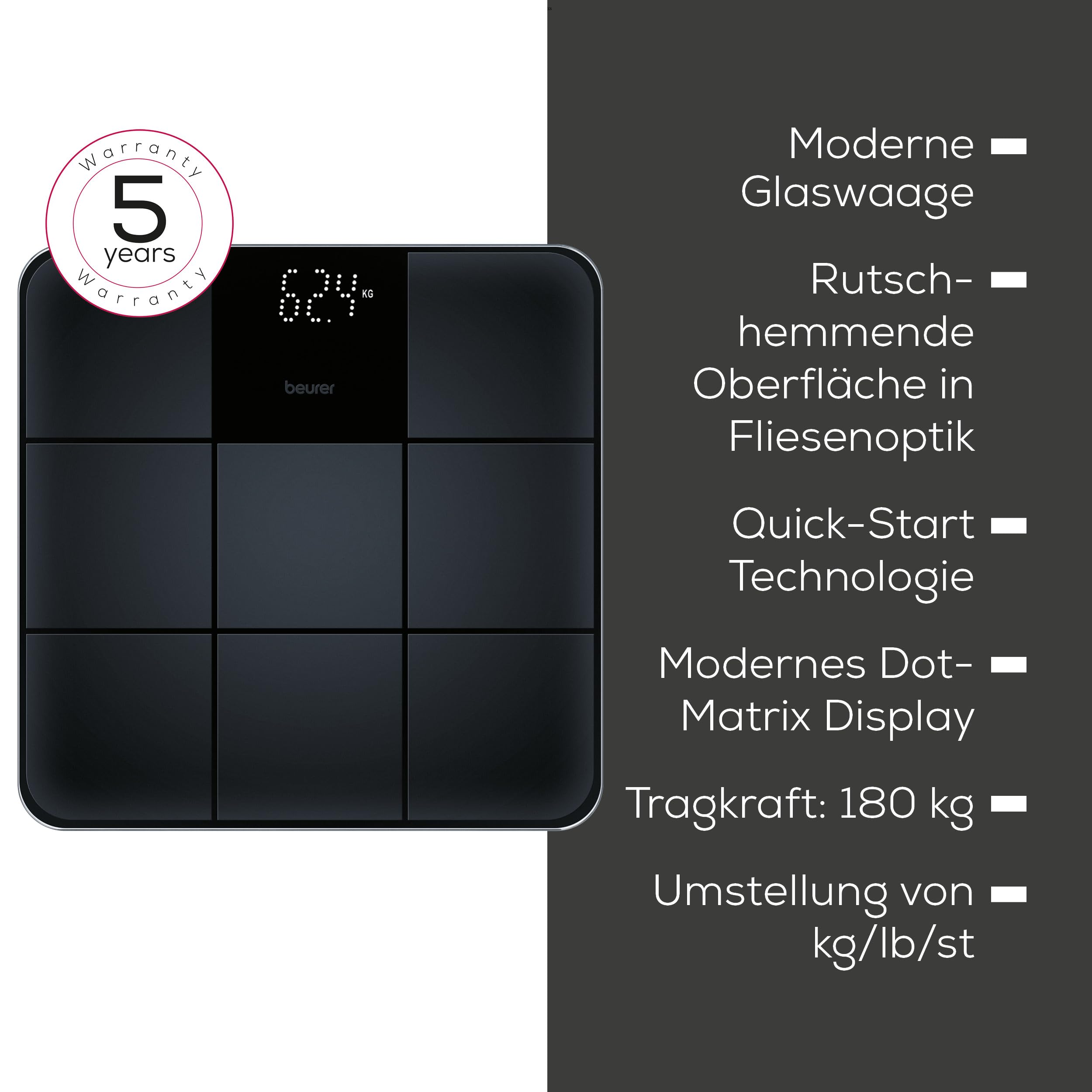 Beurer GS 235 Glaswaage, Digitale Personenwaage mit Magic-Display, Anti-Rutsch Oberfläche in matter Fliesenoptik, Ein- und Abschaltautomatik, schwarz