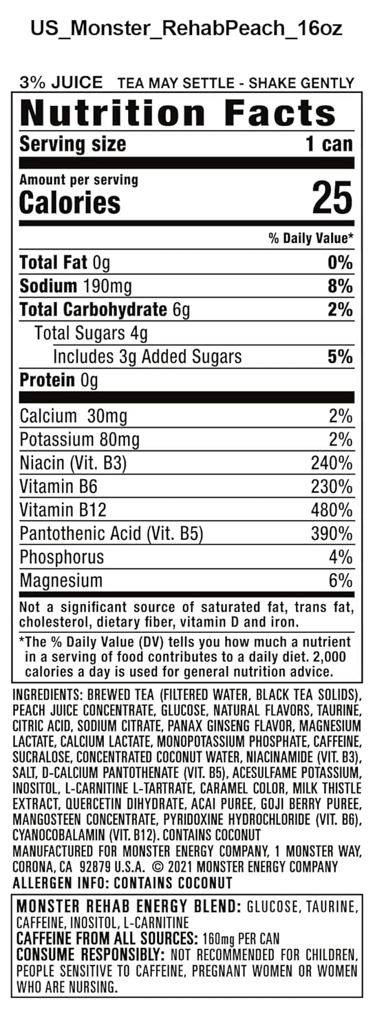 Buy Monster Rehab Peach Tea + Energy, Energy Iced Tea, 15.5 ...