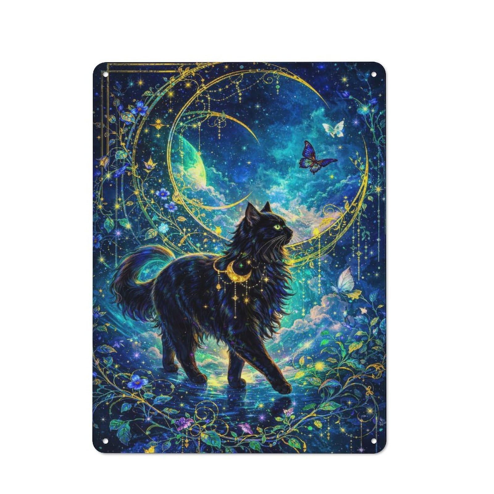 Junmoney Style-23 Enchanting Black Cat Under A Celestial Moon Tin Wall Sign 40X30cm, Loft Style Industrial Wall Decor For Loft, Studio, Office Or Creative Room