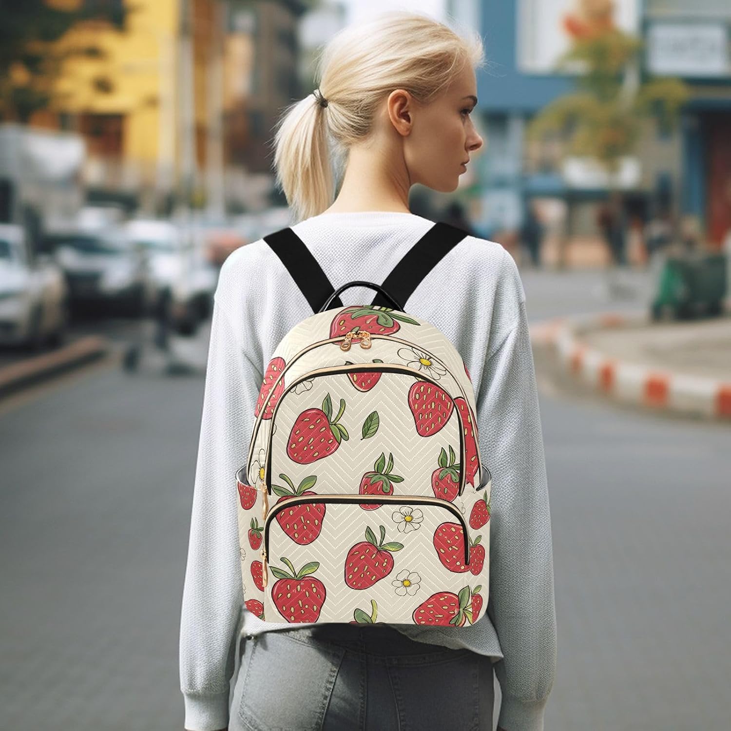 ALAZA Strawberry and Flowers Small Backpack Purse for Women Travel Bag Lightweight Shoulder Bag Fashion Daypack