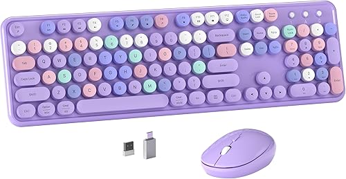 Colorido teclado inalámbrico de computadora y mouse combinado con teclas redondas de máquina de escribir, diseño retro, interruptor de encendido,