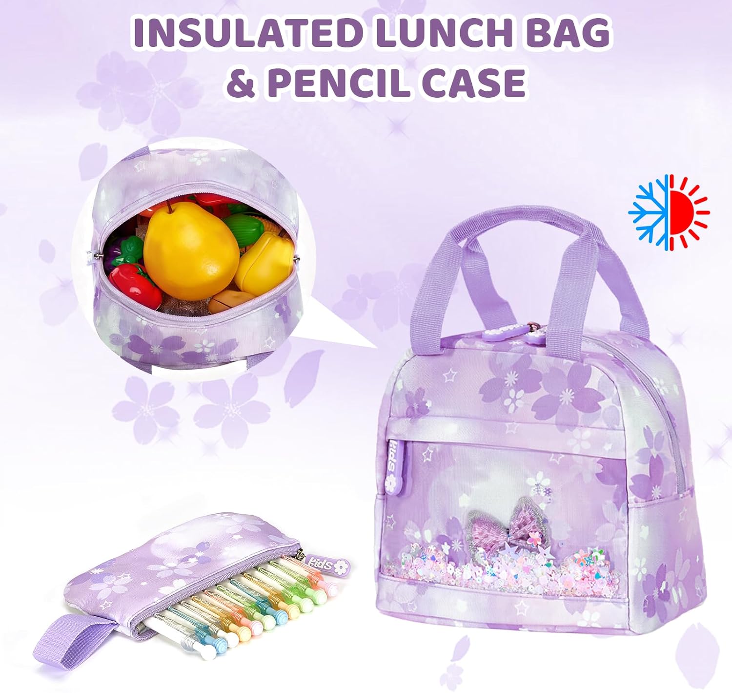 Kids Backpack for Girls, Cartoon School Bag for Elementary Middle School Students, Kawaii Children's Book Bag with Lunch Box & Pencil Case (17inch Set Purple)