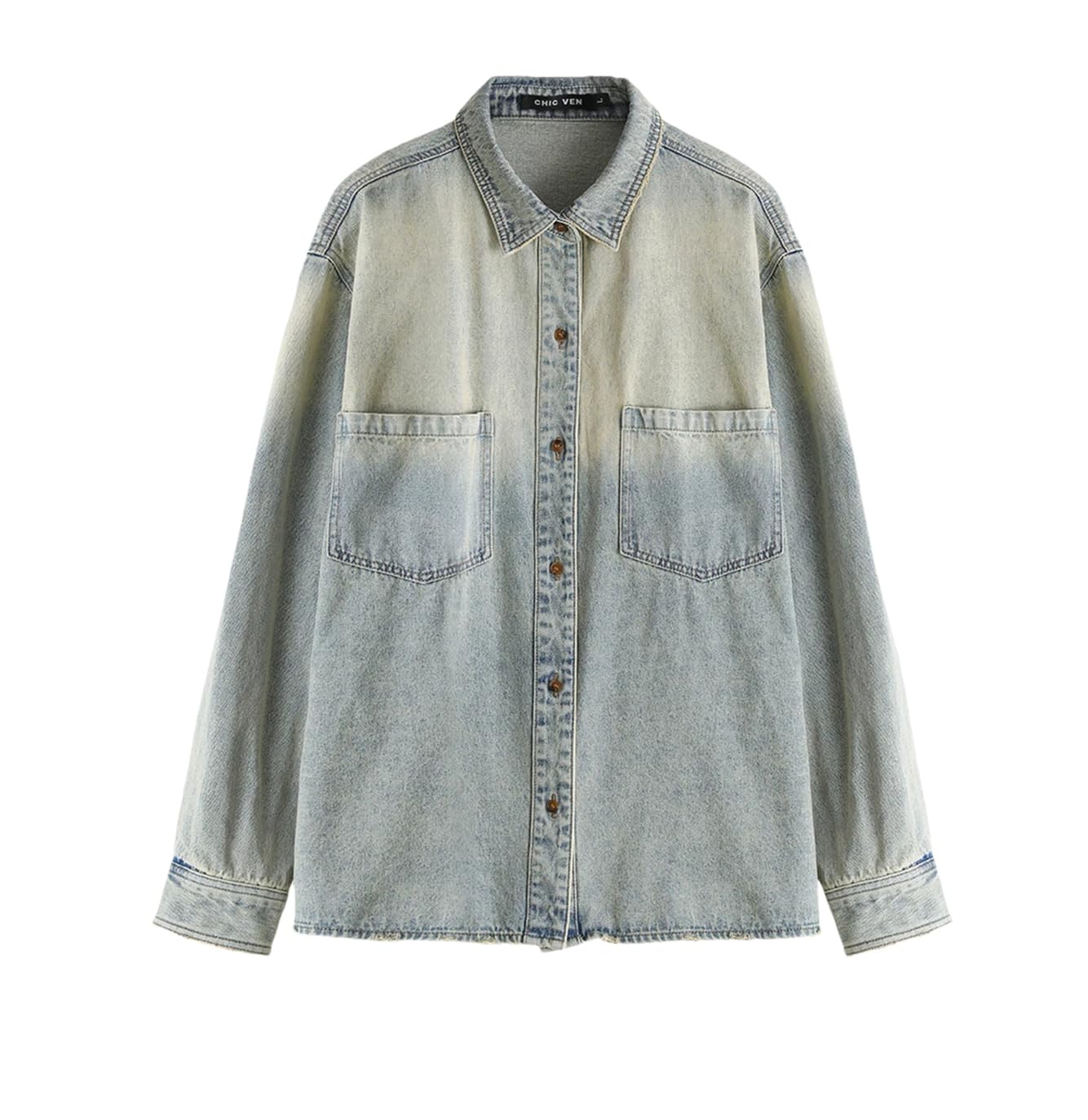 Camicia a maniche lunghe da donna Top allentati Camicie in denim di cotone con bottoni a contrasto con risvolto sfumato