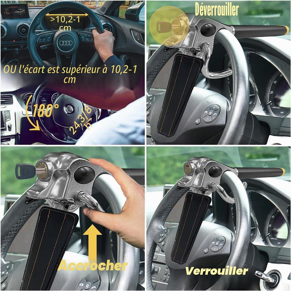 Antivol de volant de voiture - Avec marteau de sécurité - Compatibilité universelle - Pour voitures, camions légers, camionnettes et SUV - Avec 3 clés - Antivol - Argent