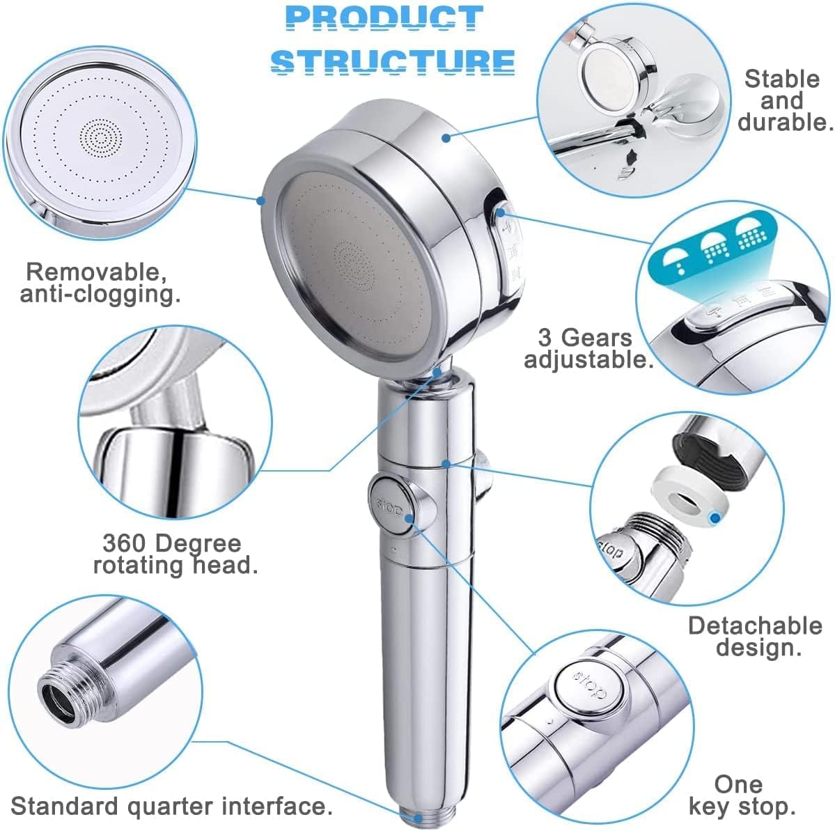Handheld Shower Head, 3 Spray Modes High Pressure Shower Head and 2m Hose Set, Powerful Shower Heads to Increase Pressure, Water Saving Showerhead with 360° Degrees Rotating/Stop Button, Chrome