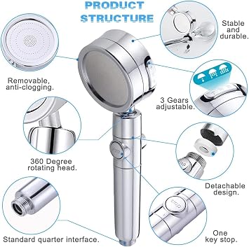 Handheld Shower Head, 3 Spray Modes High Pressure Shower Head and 2m Hose Set, Powerful Shower Heads to Increase Pressure, Water Saving Showerhead with 360° Degrees Rotating/Stop Button, Chrome
