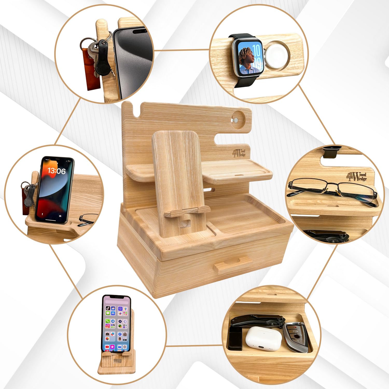 Wood Wedge Handgefertigte Holz Dockingstation – Nachttisch & Schreibtisch Organizer mit Handyhalter & Schublade – Geschenk für Männer & Frauen