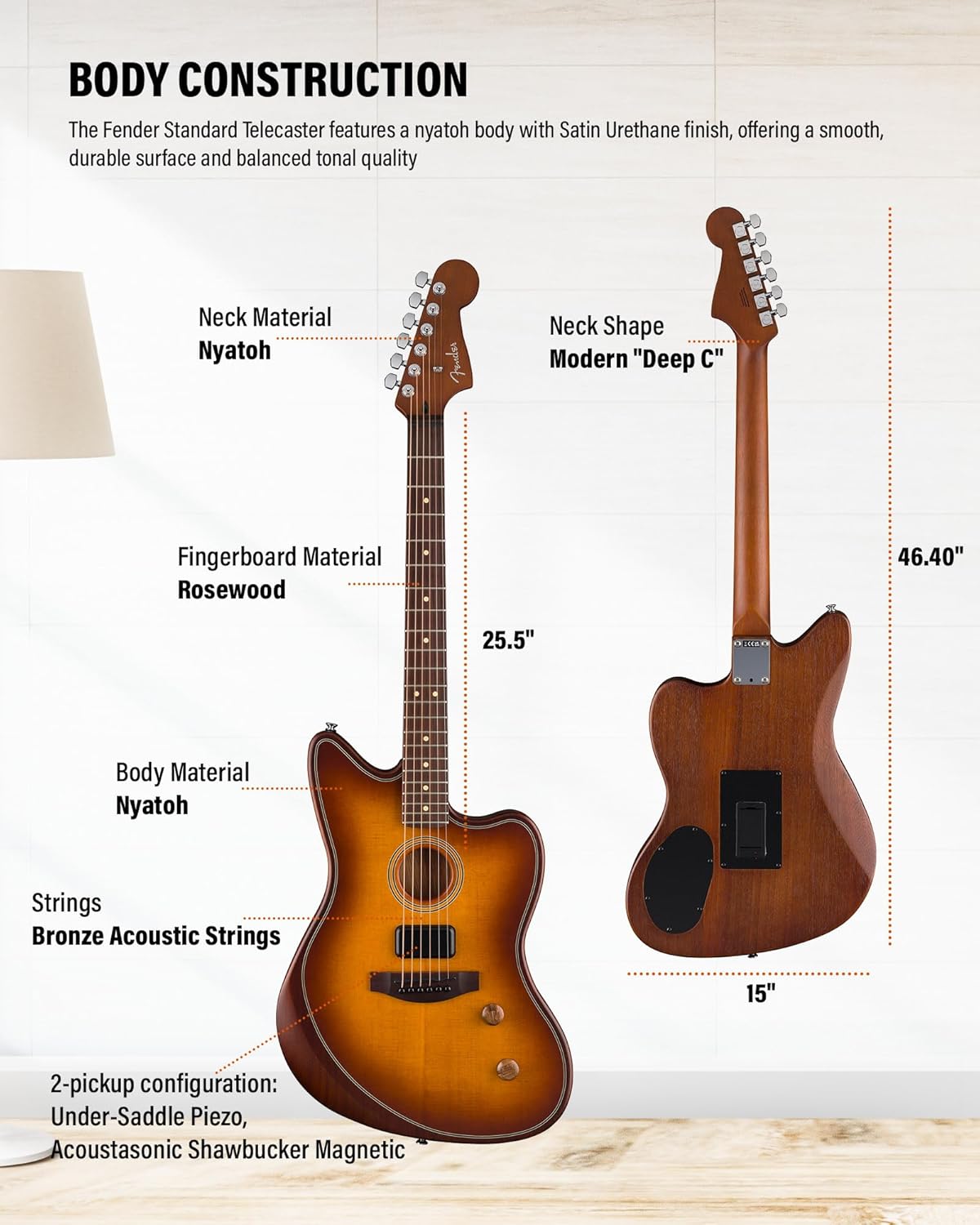Fender Acoustasonic Standard Jazzmaster - Honey Burst Bundle with Strap, Guitar Cleaning Kit and Austin Bazaar Instructional Video