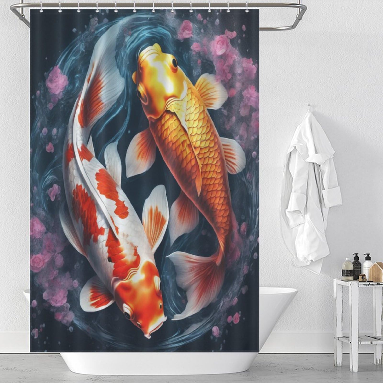 Rideau de douche poisson koï lavable en machine et imperméable avec 12 crochets