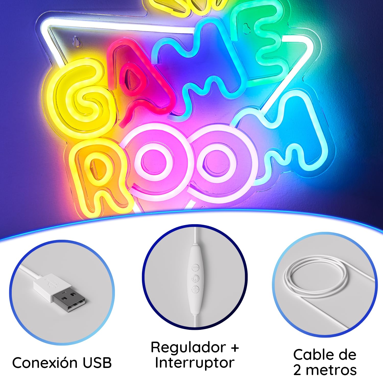 Neón LED Gaming - Game Room Luces Neon Decoración Habitación Pared Gaming, Letrero Neon Gamer Lampara Habitacion Juvenil Luz, Cartel Luminoso Decorar Setup. Conexión USB con Regulador.
