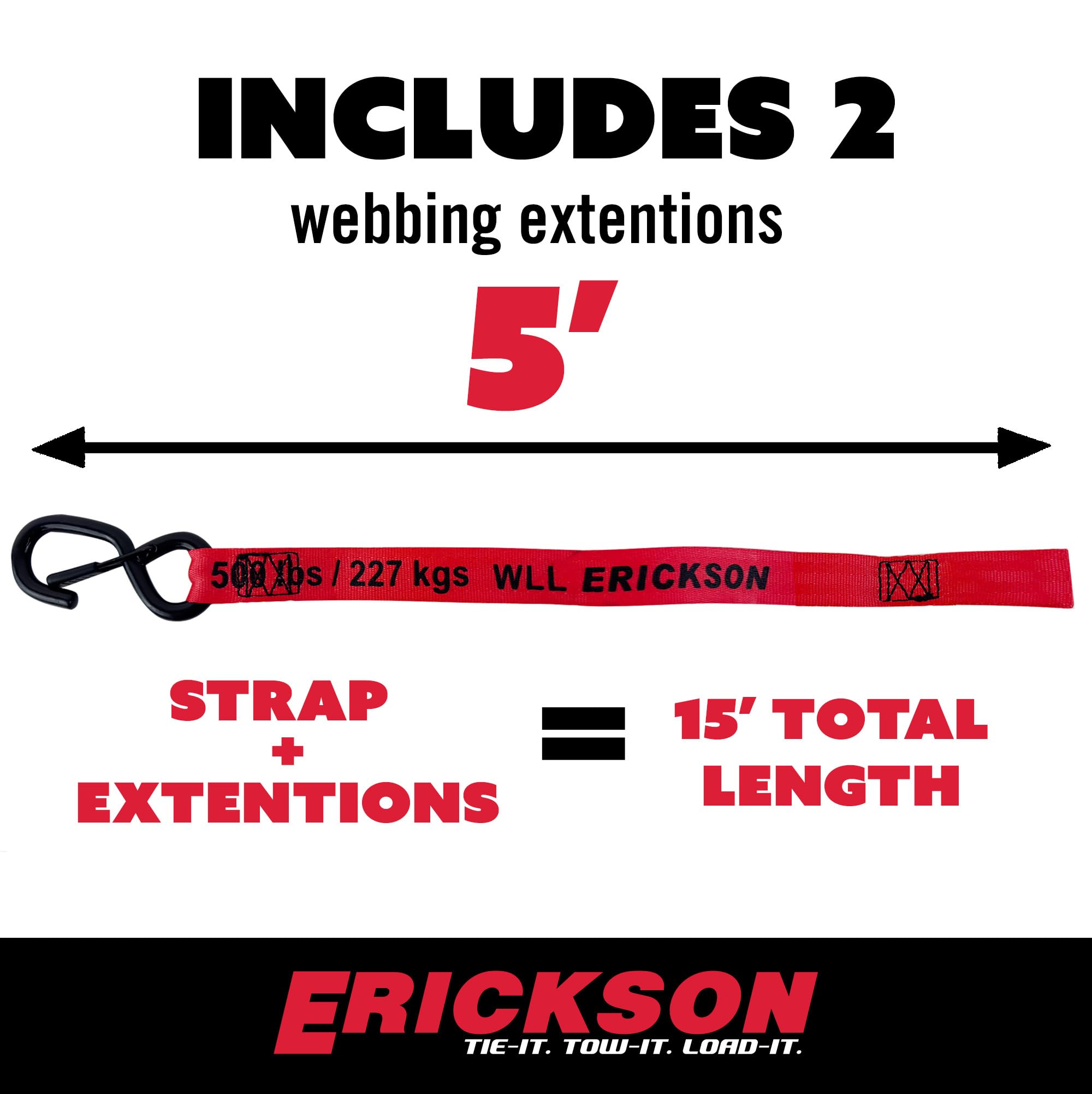 Erickson Sangle à cliquet rétractable auto-tendue 2,5 cm x 3 m, résistance à la rupture de 680,4 kg, conception de tension automatique, crochets en S avec bouton-pression de sécurité