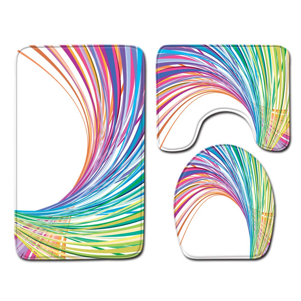 Bath Mat Pink Yellow Blue Bathroom Mat 3 Pieces Bath Mat Set 45x75cm Non Slip Rug Door Mat Machine Washablet U-Shape Toilet Mat Bath Mats for Bathroom Pedestal Mat for Toilet