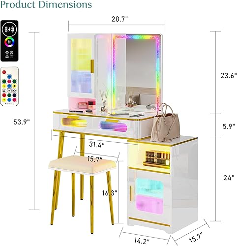 Miniatura 2 de Escritorio de tocador LED RGB con luces y espejo, mesa de tocador de maquillaje con estación de carga, juego de tocador de 7 dinámicos y 24