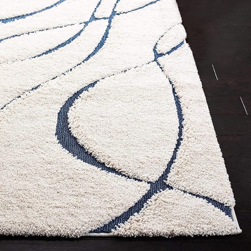 Image of Premium Soft Shaggy Runner Rug for Hallway, Bedroom & Living Room | Modern Geometric Pattern Carpet | Fluffy Bedside Floor Mat [2x6 Feet Ivory & Blue]