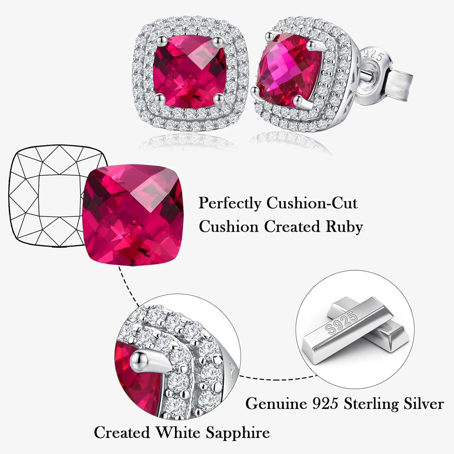 Dainty Birthstone Earrings for Women Sterling Silver Small Stud Earrings with Halo Cushion/Round Created Gemstone Earrings Birthstone Jewelry - Image 5