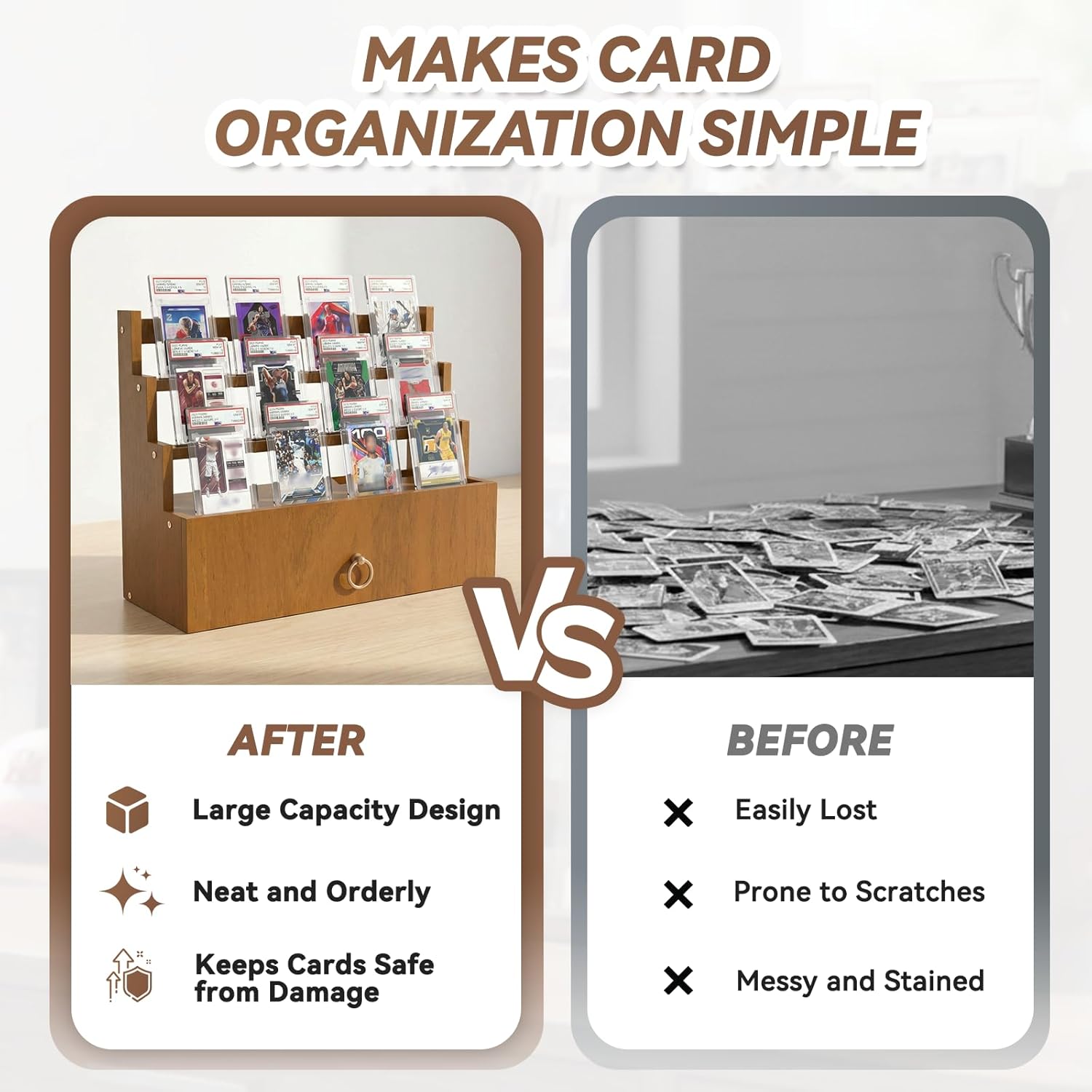 3-Tier Trading Card Display, Wooden Graded Card Display Rack with Large Capacity for PSA, BGS, CGC Sports & Game Cards, Desktop Holder for Collectors with Storage Drawer