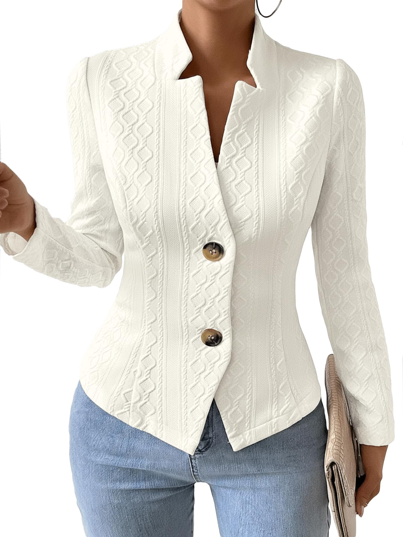 Mina Self 2025 Fall Womens Jacquard Sweater Blazer Jacket - Knit Slim Stand Collar V-Neck Full-Lined Petite Work