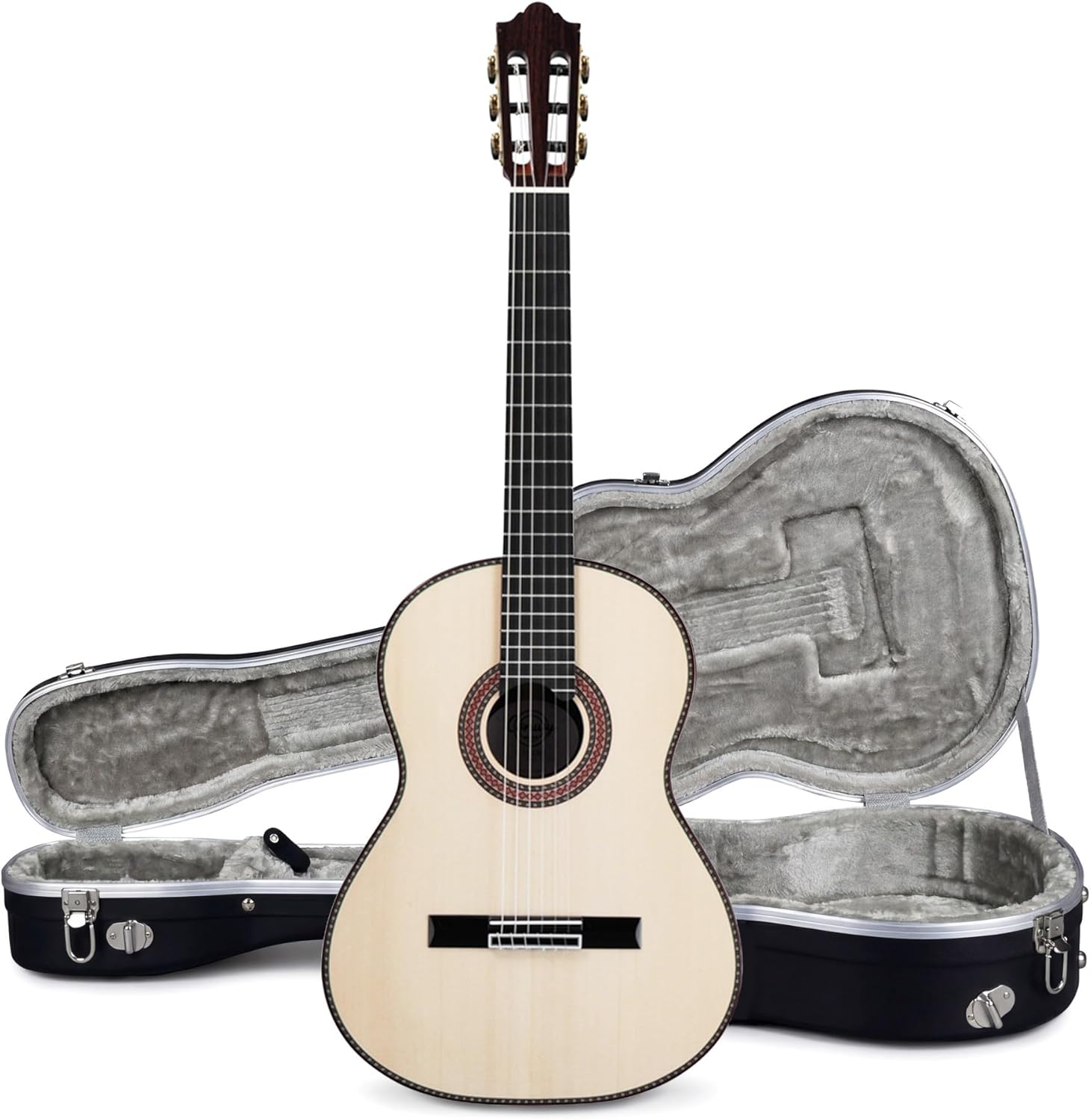 Classical Guitar Full Size Nylon String Acoustic, Handmade Solid Spruce Top Rosewood Back and Sides, Ebony Fingerboard Fan Bracing, Flamenco Fingerstyle, Spanish Guitar, Includes Case and Wrench