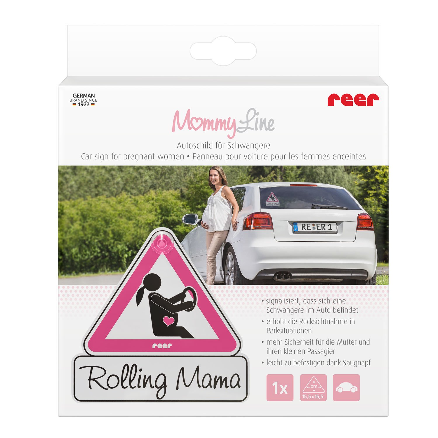 reer 88014 MommyLine tabliczka samochodowa dla kobiet w ciąży "Rolling Mama", różowa