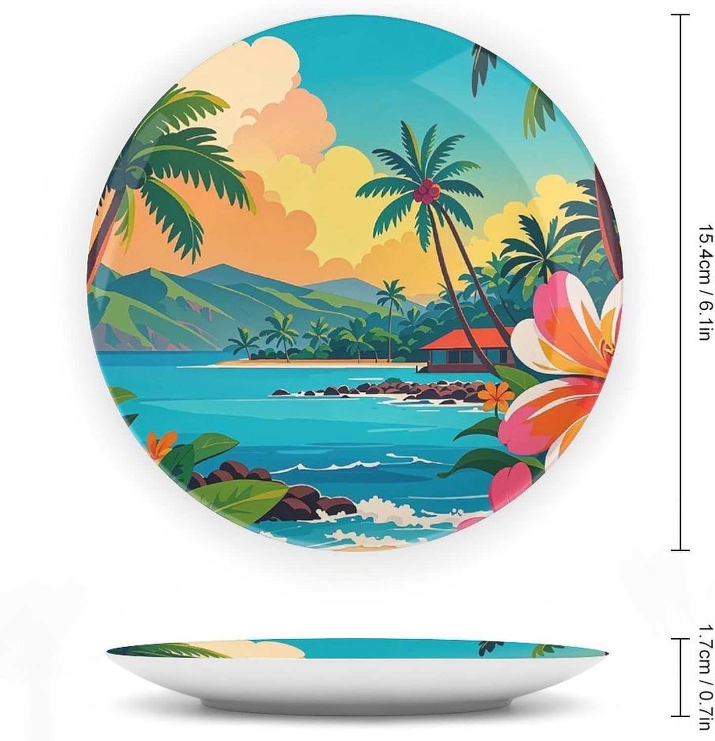 Hello Hawaii Ceramic Decorative Plate for Home, Bone China Plates | Chinese Style Decorative Dish with Stand, Dinner Plates Art Crafts for Wall Decor, Collections Plate with Hook 6inch