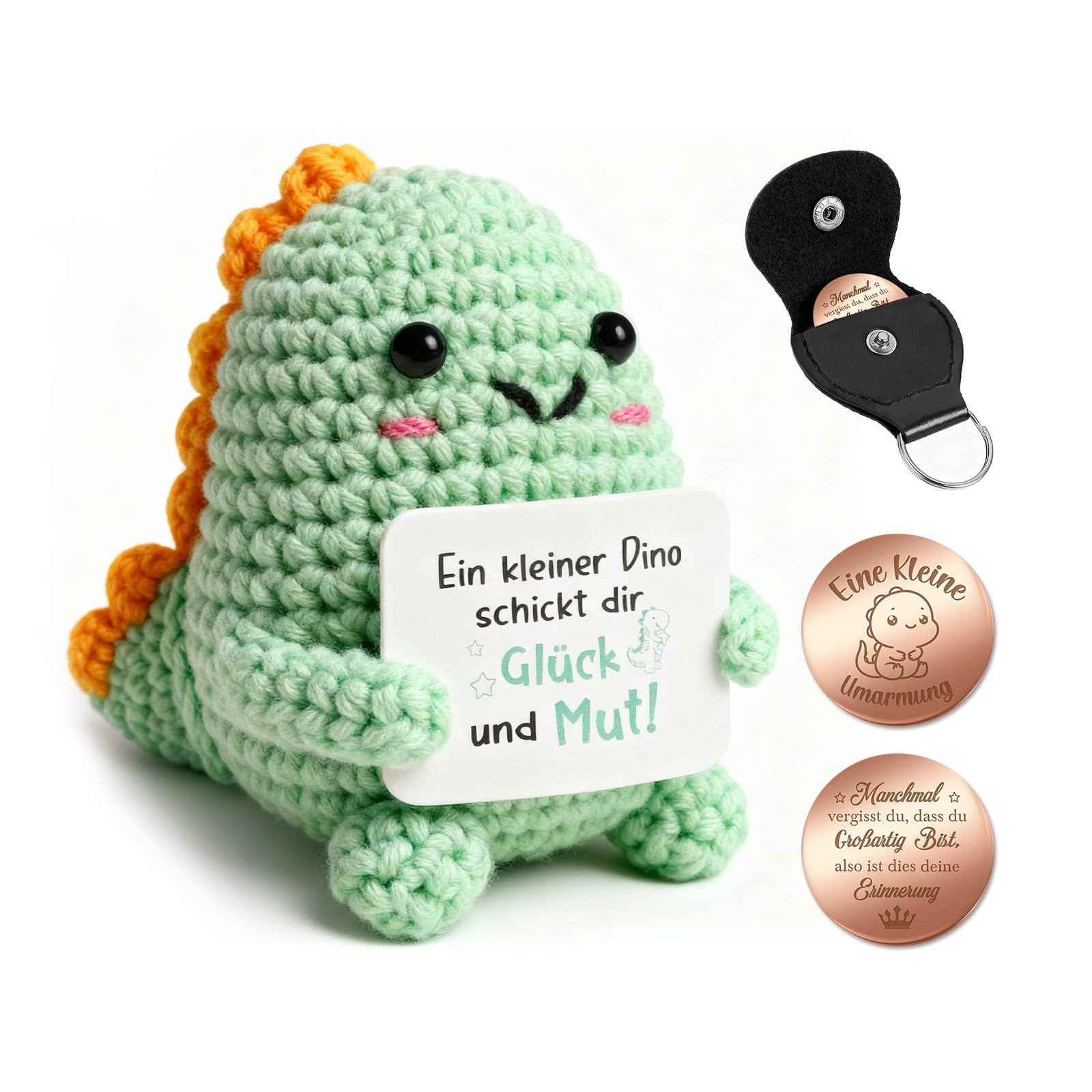 Giftota Pocket Hug Dinosaurier - Handgehäkelte Puppe mit Glücksmünze & Lederetui - Glücksbringer & Mutmacher - Gute Besserung - Geschenk für Männer, Frauen, Jugendliche