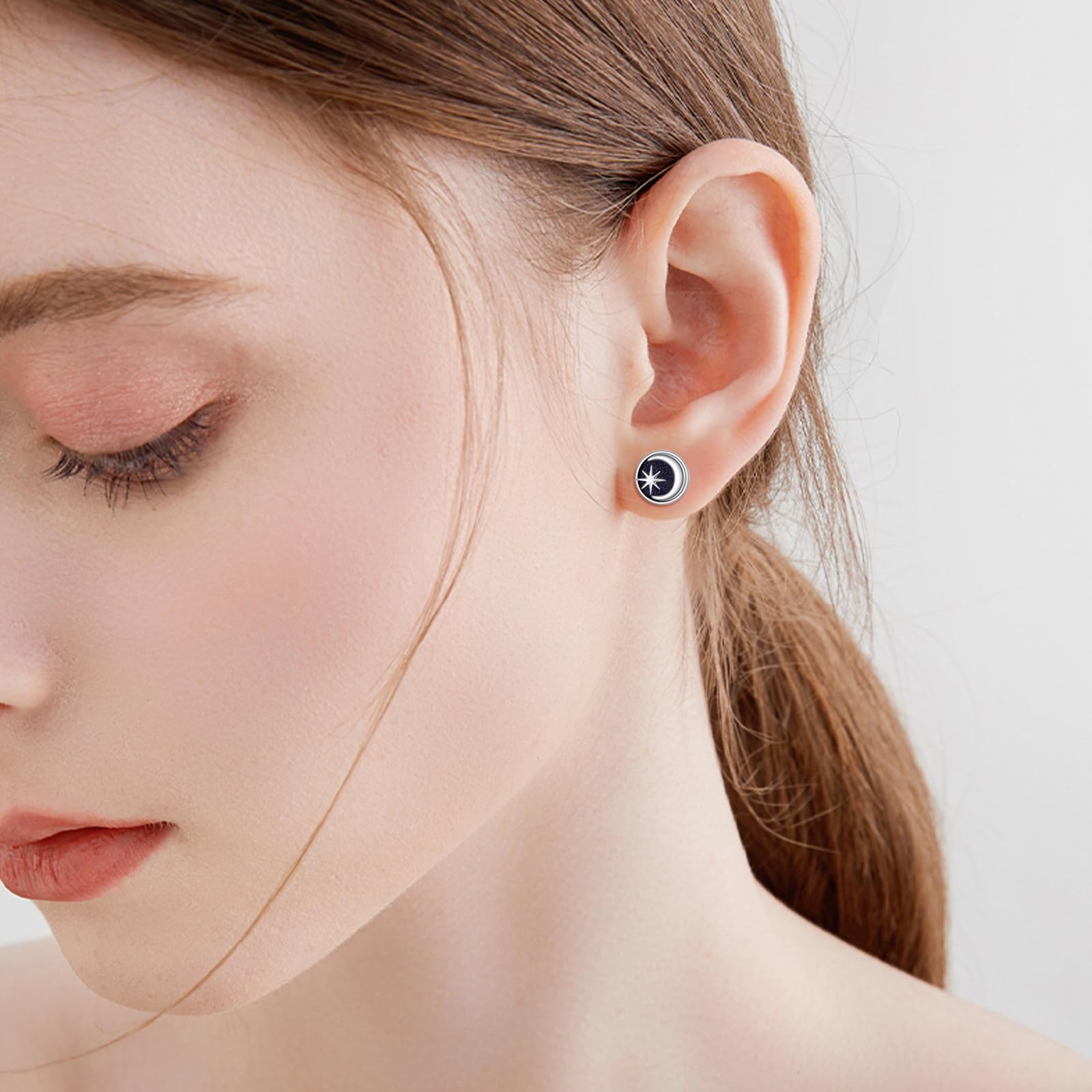 VONALA Pendientes de tuerca pequeños de plata de ley 925 con diseño de sol y luna negra, hipoalergénicos, regalos para familiares y amigas