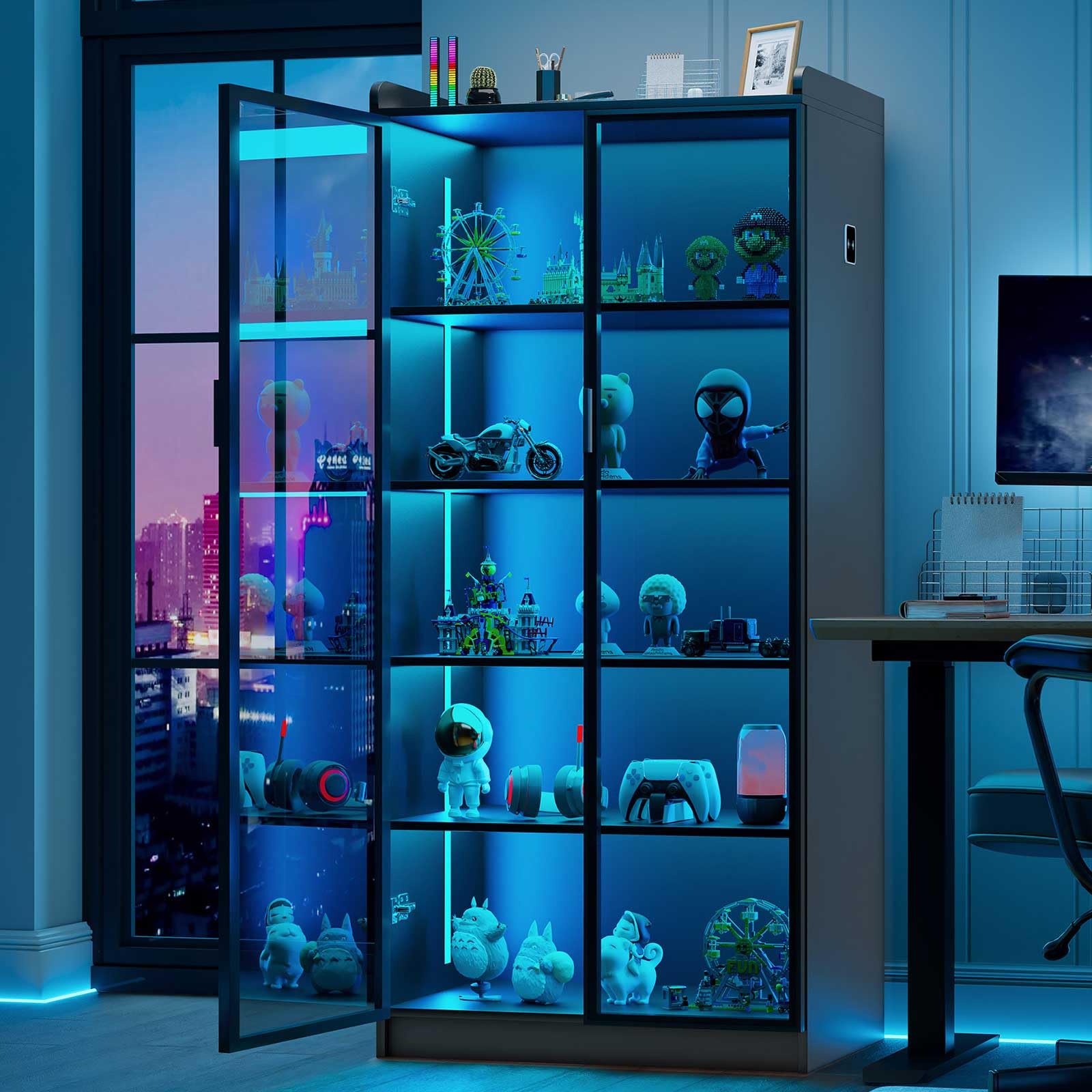 Lvifur Led Vitrine Buffetschrank Sideboard, 35 × 70 × 165 cm Smart Vorratsschrank 3 Farben Dimmbares Sideboard Intelligente Sensorik Vitrinenschrank Wohnzimmer （Black）