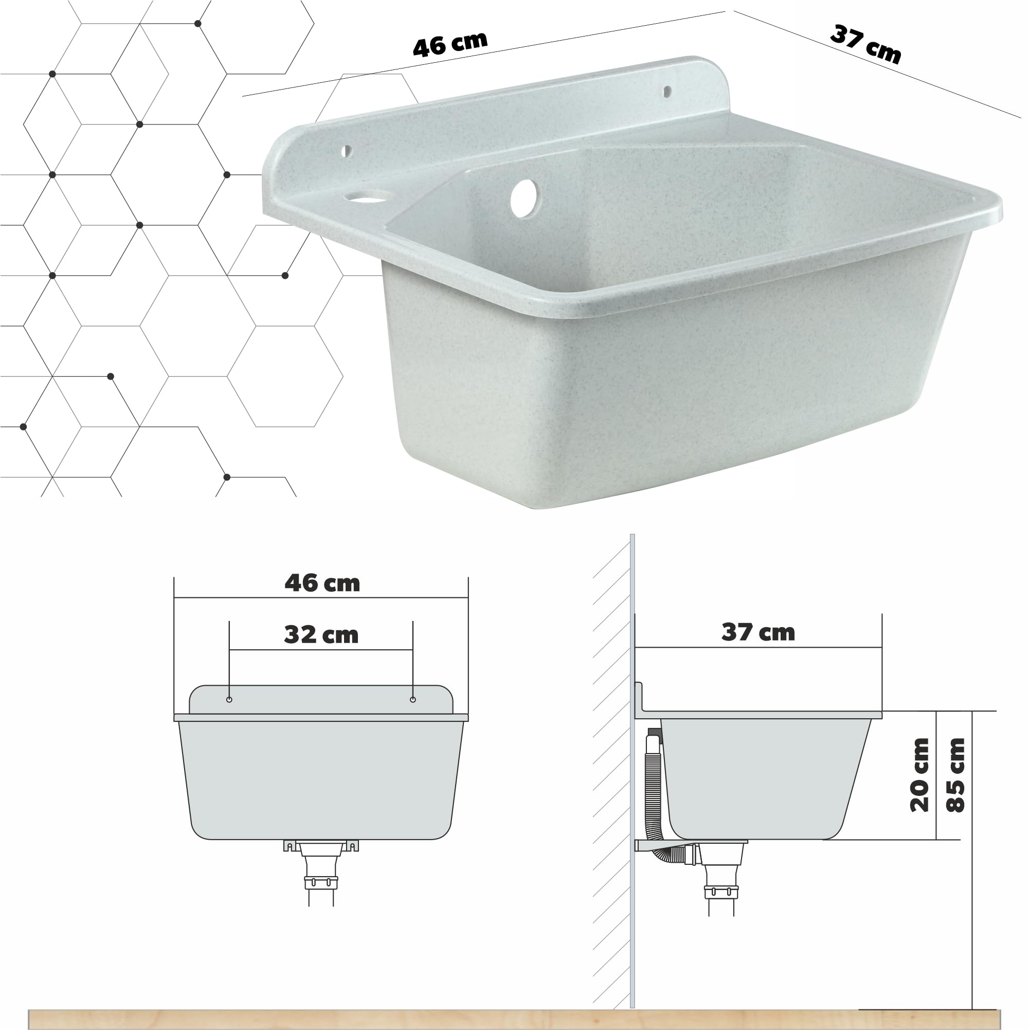 gospo Fregadero con grifo, sifón, 46 x 37 x 20 cm, lavabo de plástico, para jardín, garaje, sótano, taller, montaje en pared, fregadero, incluye accesorios (blanco)