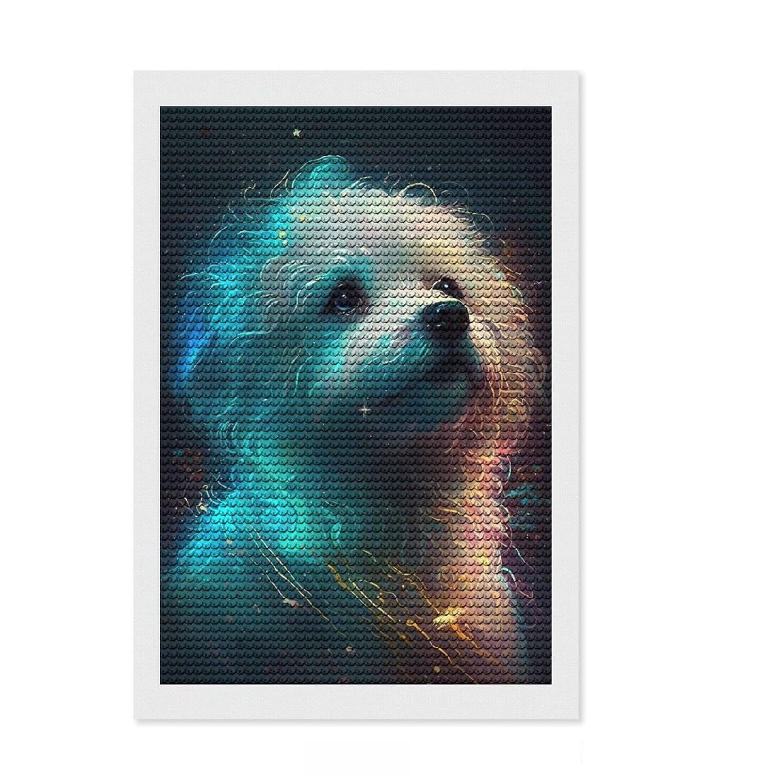 Junmoney Bichon Frise Dog Round Drill Diamond Painting 8"x12", Printed Canvas, Office Decor, for Family Craft Time, Holiday Gift Idea