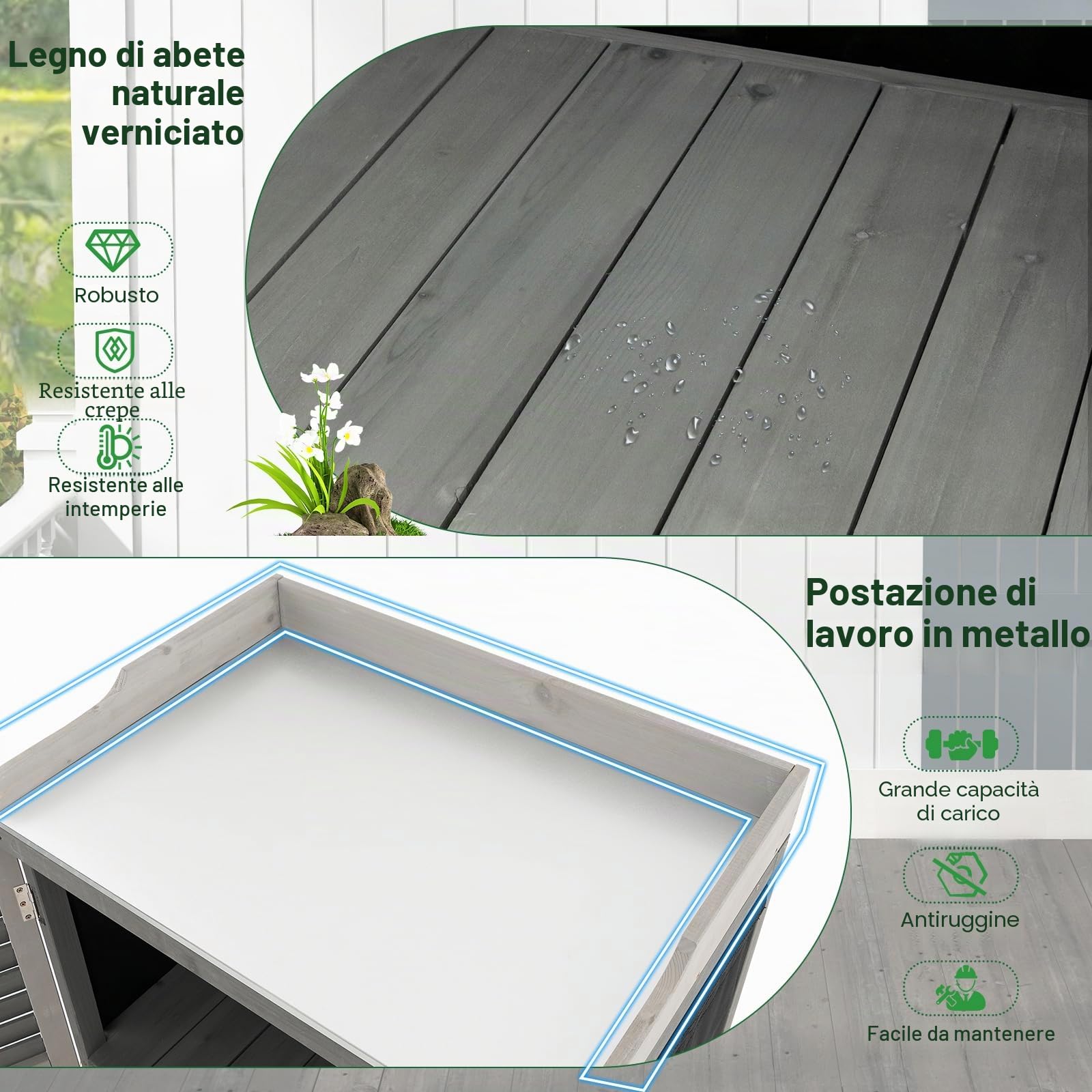 HOMASIS Tavolo da giardino per esterni, resistente alle intemperie, in legno, con armadio e piastra in metallo, tavolo da lavoro con 2 ripiani e 3 ante a rotelle, per terrazza, giardino, balcone, 67 x