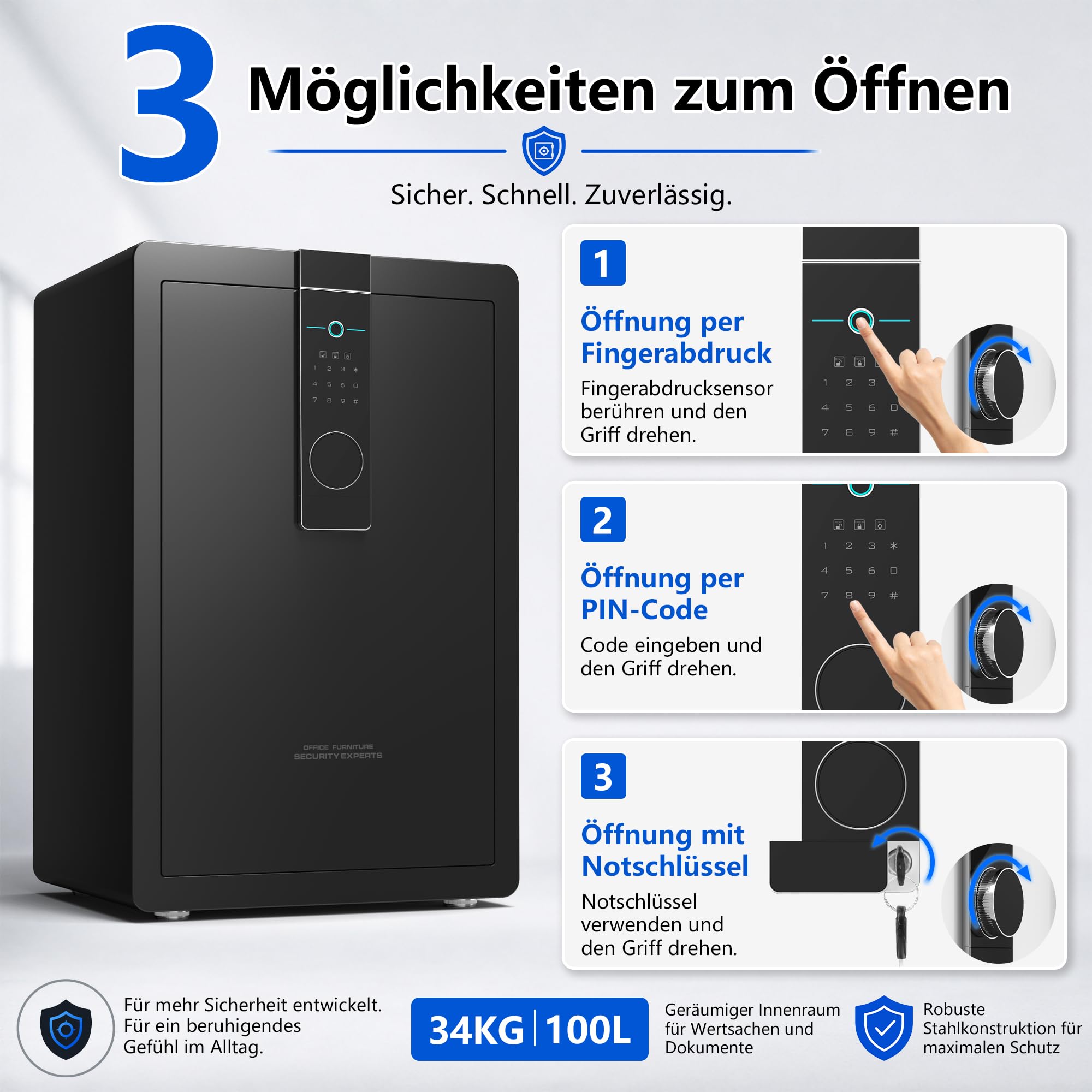 34KG Schwerer Safe Tresor für Zuhause, 100L Großer Stahl Schranktresor mit Zahlenschloss und Fingerabdruck, Alarmanlage, Anti-Theft Möbeltresor für Schmuck, Geld und Wertgegenstände (Weiß, 100L)