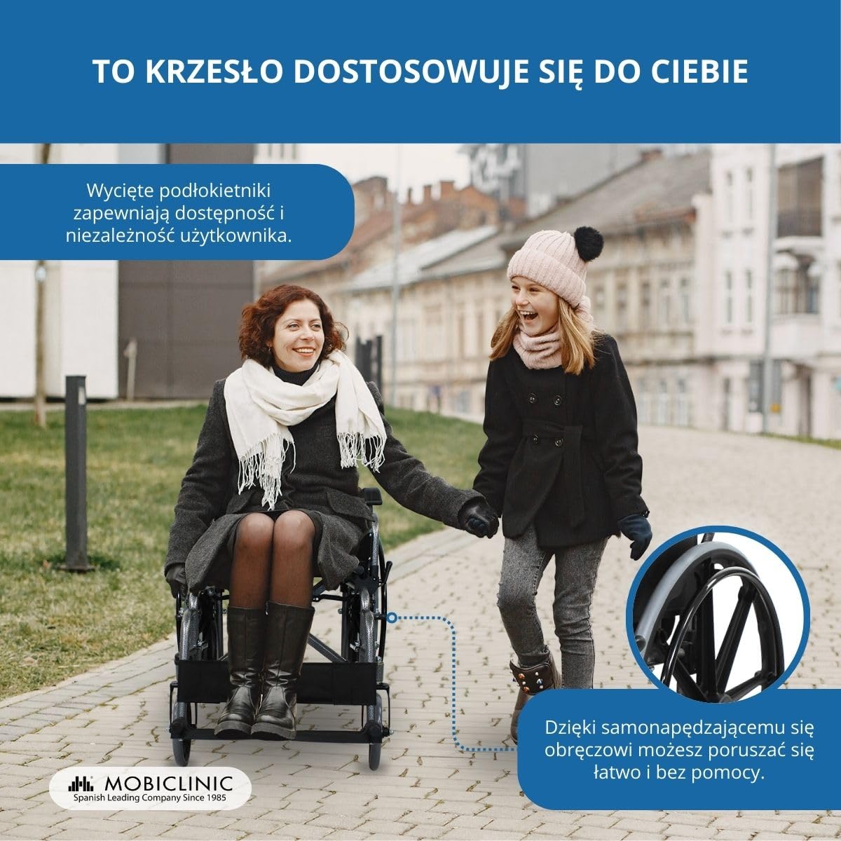 Mobiclinic, Giralda, składany wózek inwalidzki, ortopedyczny, dla niepełnosprawnych, aluminium, zdejmowany podnóżek i składane podłokietniki, czarny, siedzisko 46 cm, bardzo lekki