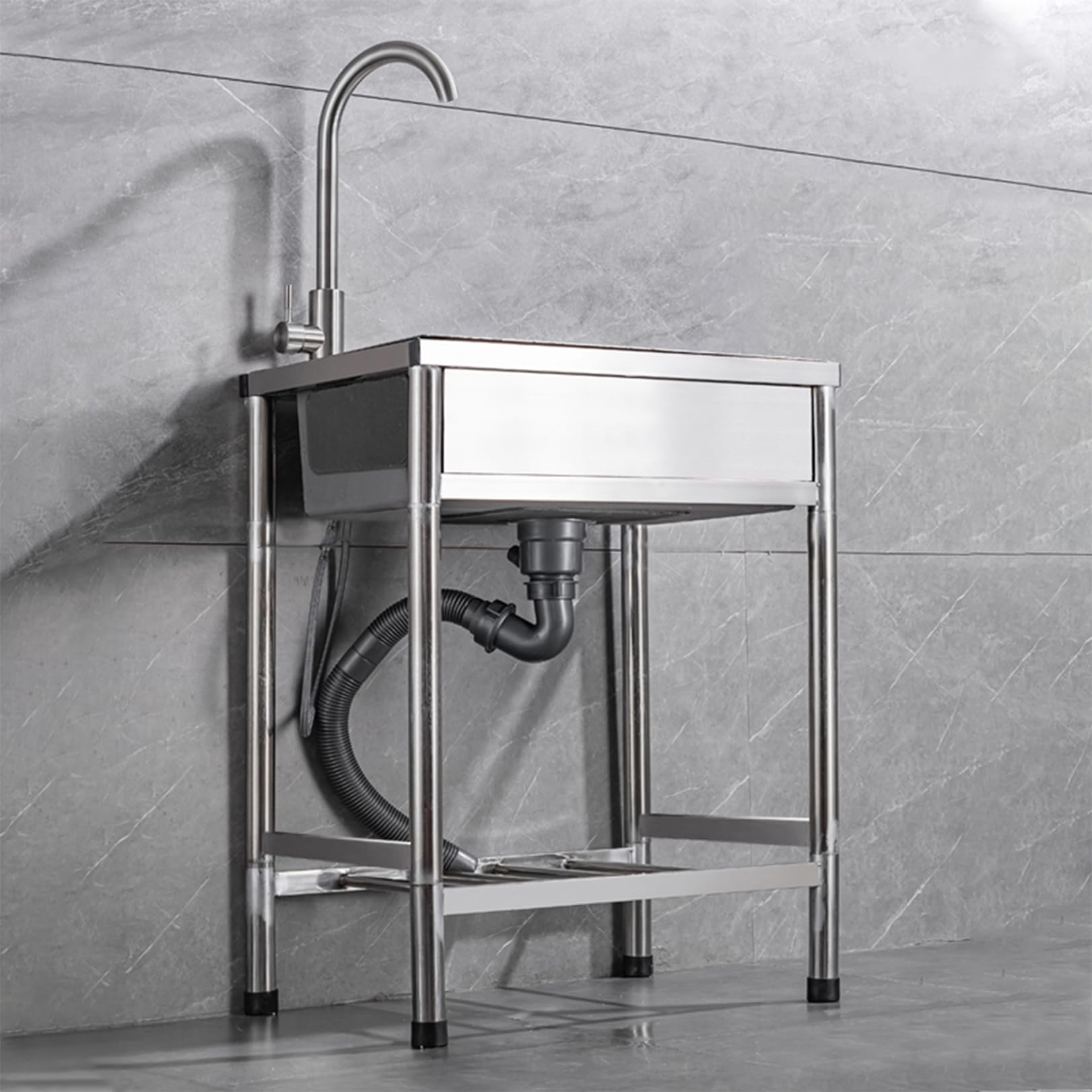 Évier Portable autoportant d'extérieur, en Acier Inoxydable, pour Cuisine, Jardin, Camping ou Usage Commercial. Robinet et Tuyau d'évacuation Inclus. Facile à Nettoyer.