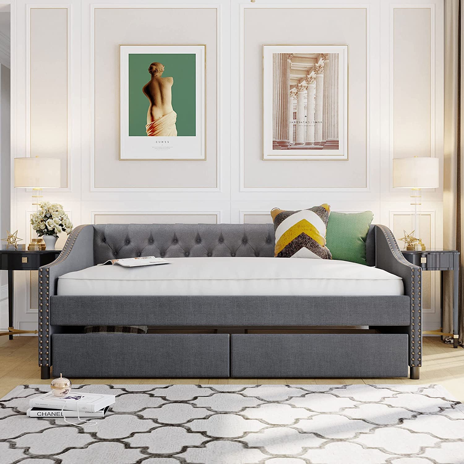 CITYLIGHT Full Size Upholstered Daybed with Storage, Wood Full Daybed with Storage Drawers, Tufted Daybed Sofa with Nailhead Trim for Living Room,Bedroom, Grey