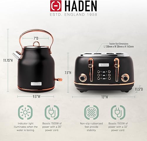Miniatura 5 de Haden Heritage - Tostadora de acero inoxidable de 4 rebanadas de ranura ancha con hervidor de agua eléctrico de acero inoxidable de 1.7 litros,