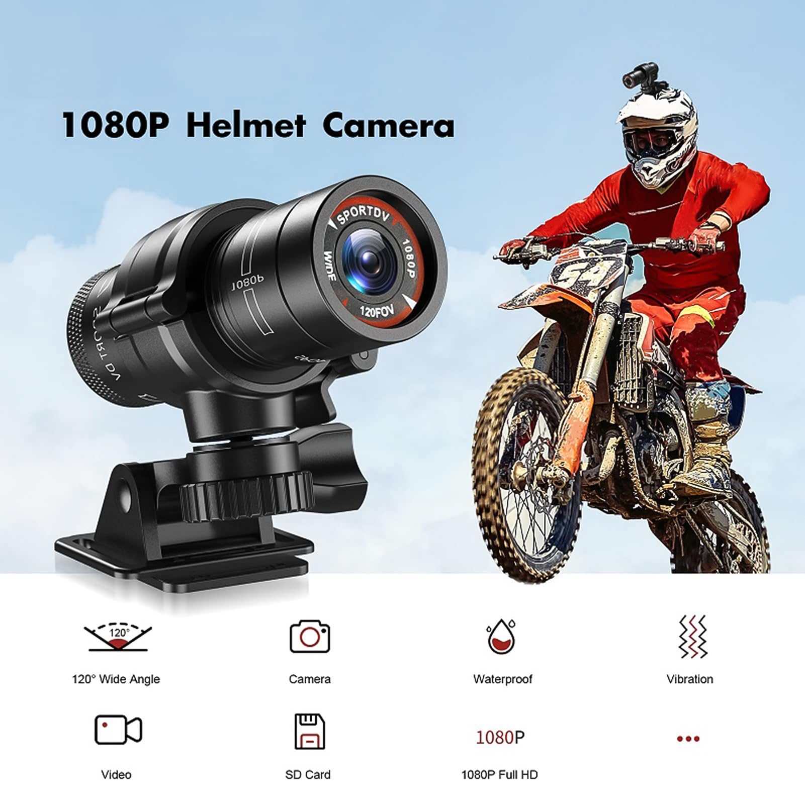 Kamera rowerowa 1080p, kamera sportowa na kask, obiektyw szerokokątny 120°, wodoszczelność IP66, wbudowany akumulator 600 mAh z kartą TF 32 GB, uchwyt na kask, stojak rowerowy do sportów na