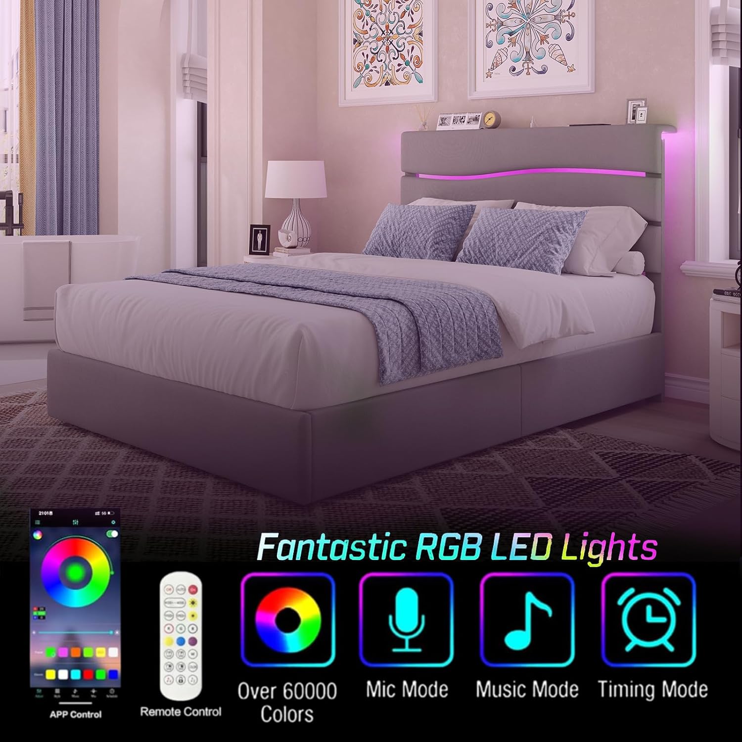 Queen Bed Frame with Fabric Upholstered Headboard and Wooden Slats Support, Queen Size Platform Bed Frame Built in Charging Station & LED, No Box Spring Needed, Easy Assembly, Grey