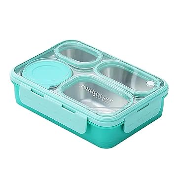 Leakproof 4 Compartment Lunch Box with Spoon & Chopstick 304 Stainless Steel Bento Box Tiffin Box for Office, School, Picnic (Mint Green)